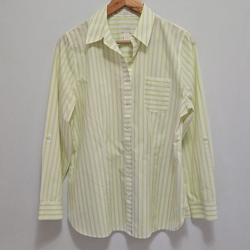 Chico's No Iron Striped Button Down Shirt Size M 8 Green White